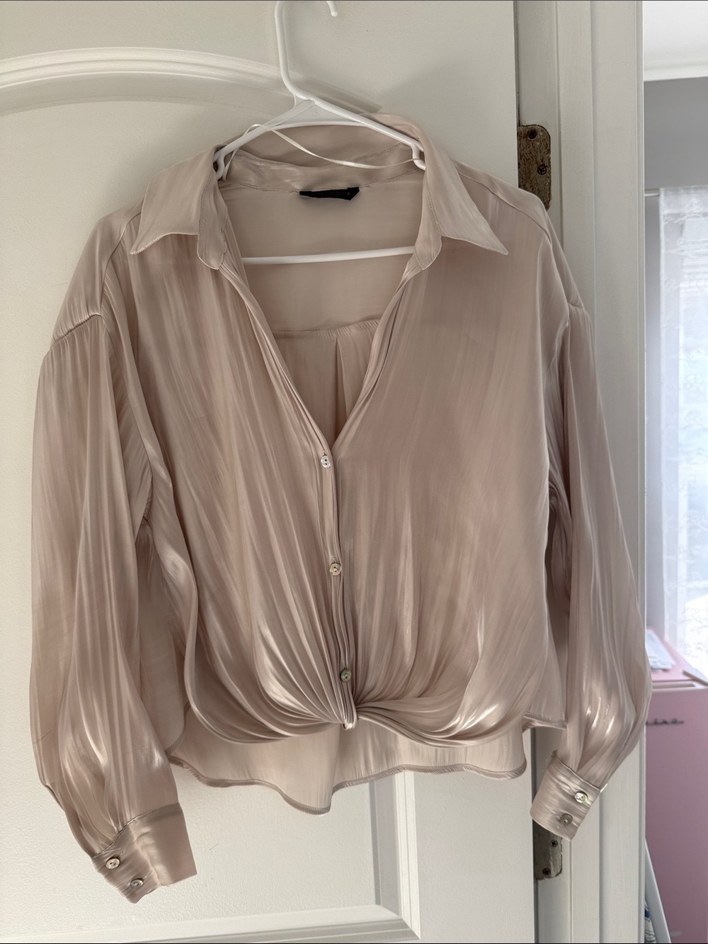 Zara Blush Satin Button-Front Knot Hem Blouse